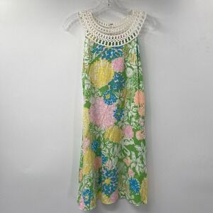 Lilly Pulitzer Shift Dress Womens XS Green Pink Floral Crochet Lace Neckline